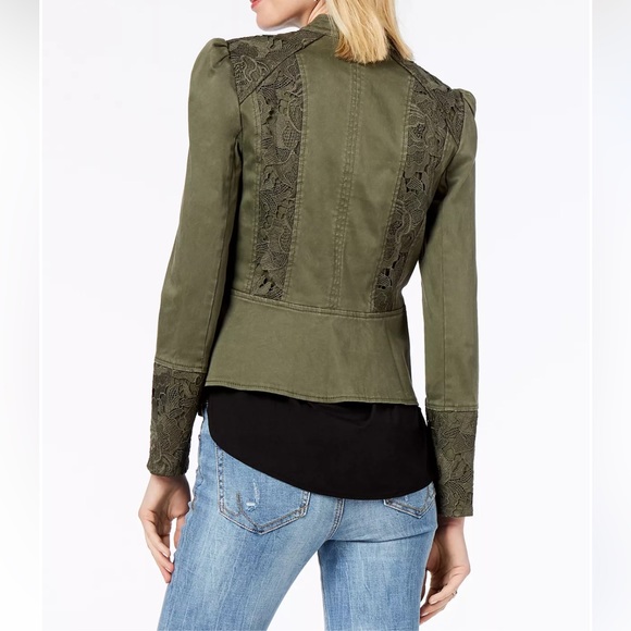 Stylish I.N.C. Puffed-Shoulder Lace-Contrast Jacket in Green | Medium - Picture 3 of 7